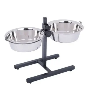 Soporte ajustable con 2 comederos de acero incluidos 2 x 1,6 l, diámetro 21 cm, hasta 38 cm de altura