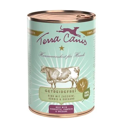 Terra Canis sin cereales 12 x 400 g - Pack Ahorro Vacuno con calabacín, calabaza y orégano