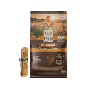 True Origins Pienso Mini Adult Pollo 3 kg + Palo de Café XS Natural para perros ¡Pack Ahorro!