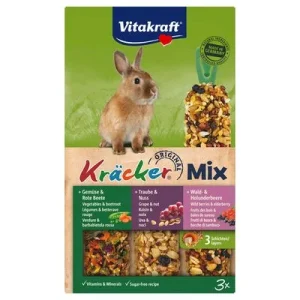 Vitakraft Kräcker® Trío Mix para conejos enanos 1 x 3 Verdura y remolacha, Uva y nuez, Frutas del bosque y bayas de saúco
