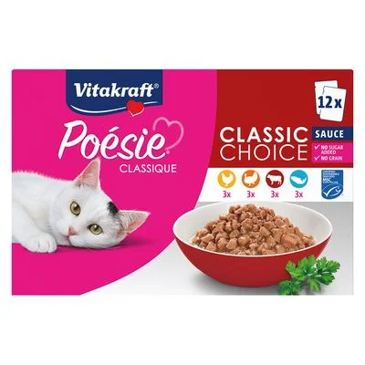 Vitakraft Poésie Classic - Pack mixto 12 x 85 g - en salsa (pollo, pavo, vacuno, salmón)