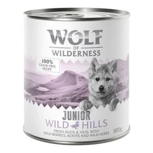 Wolf of Wilderness Junior 12 x 800 g - Pack Ahorro Wild Hills Junior, con pato y ternera